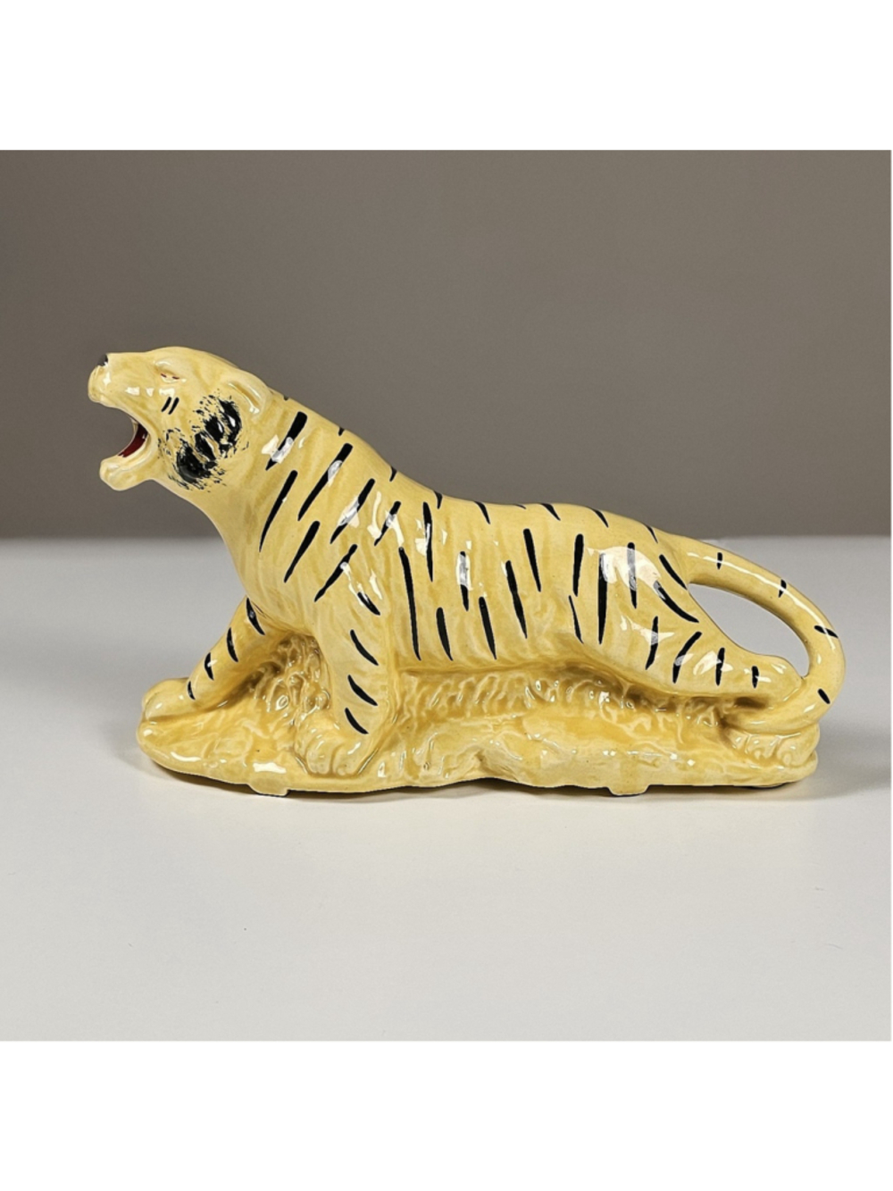 Vintage MCM Yellow Ceramic Tiger Planter Figurine 1950s TV Top Caddy Retro Gloss
